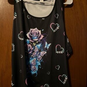 Black Tank Top with Purple Rose and Butterfly Design